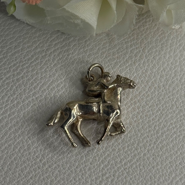 Horse & Jockey Lucky Racing Race Charm Pendant 925 Sterling Silver Length 1 Inch