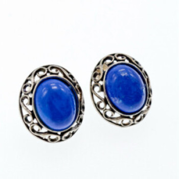 Vintage 925 Sterling Silver Blue Agate Stud Earrings