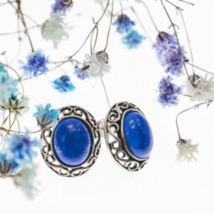 Vintage 925 Sterling Silver Blue Agate Stud Earrings