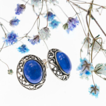 Vintage 925 Sterling Silver Blue Agate Stud Earrings