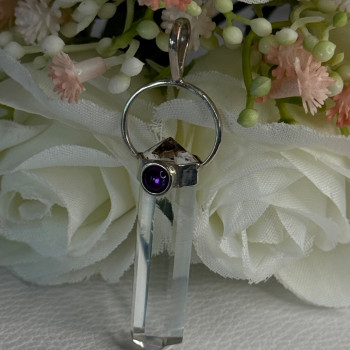 925 Sterling Silver Clear Quartz & Amethyst Pendant Length 2 Inch
