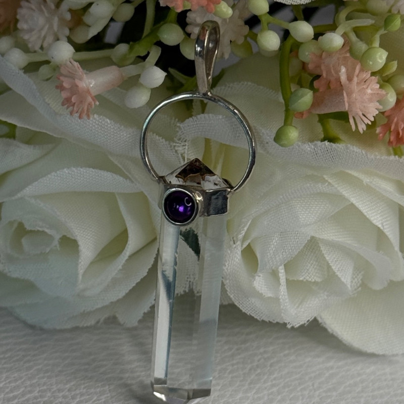 925 Sterling Silver Clear Quartz & Amethyst Pendant Length 2 Inch