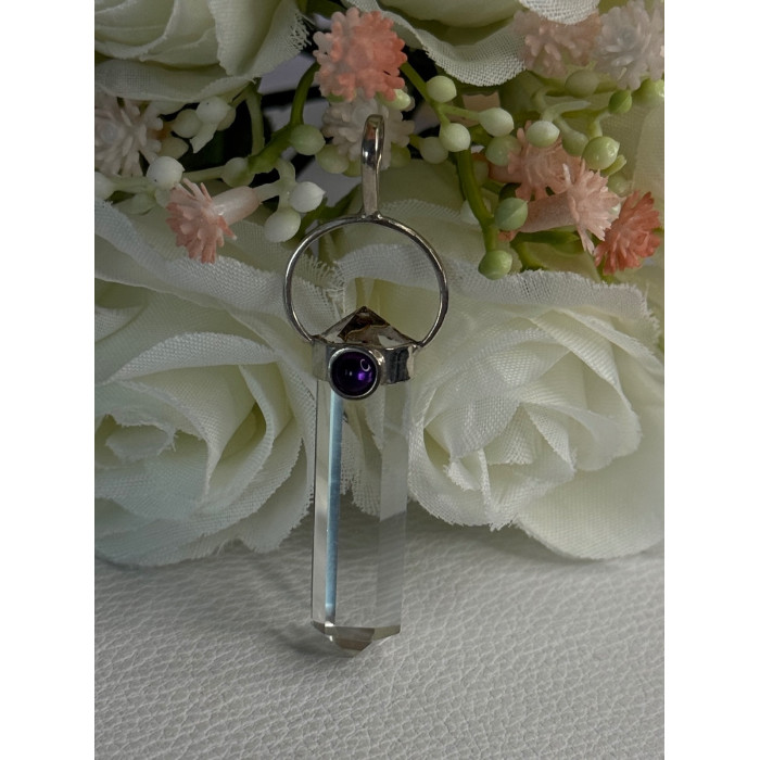 925 Sterling Silver Clear Quartz & Amethyst Pendant Length 2 Inch