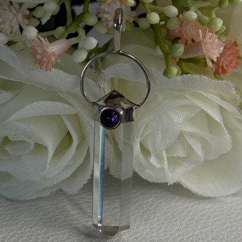 925 Sterling Silver Clear Quartz & Amethyst Pendant Length 2 Inch