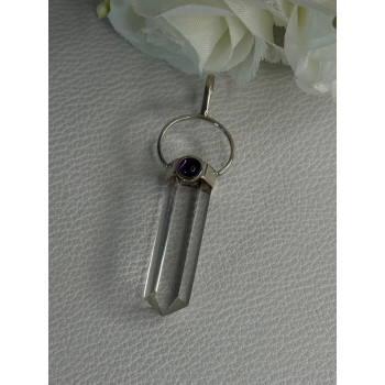 925 Sterling Silver Clear Quartz & Amethyst Pendant Length 2 Inch