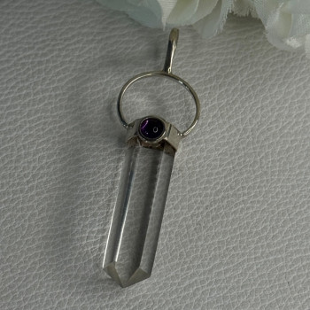 925 Sterling Silver Clear Quartz & Amethyst Pendant Length 2 Inch