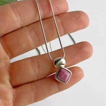 925 Sterling Silver Pink Agate Chain With Pendant Italy