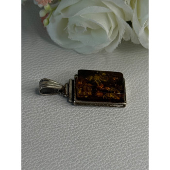 Vintage 925 Sterling Silver Amber Pendant Length 1.50 Inch