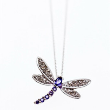 10K White Gold Tourmaline & Diamonds Dragonfly Necklace & Pendant