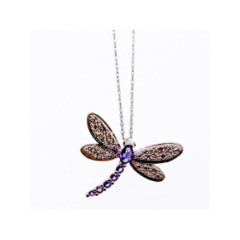 10K WHITE GOLD TOURMALINE & DIAMONDS  DRAGONFLY NECKLACE & PENDANT