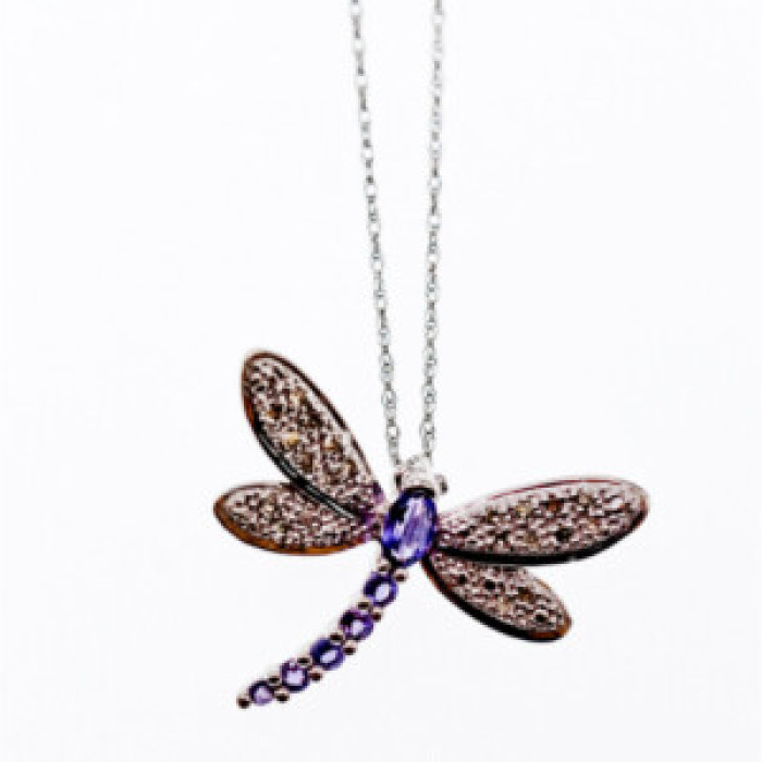 10K White Gold Tourmaline & Diamonds Dragonfly Necklace & Pendant