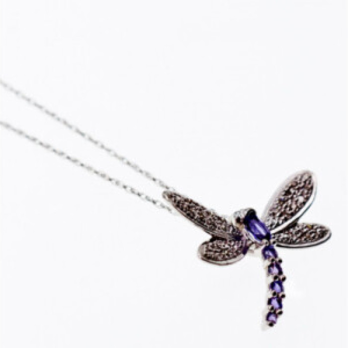 10K White Gold Tourmaline & Diamonds Dragonfly Necklace & Pendant