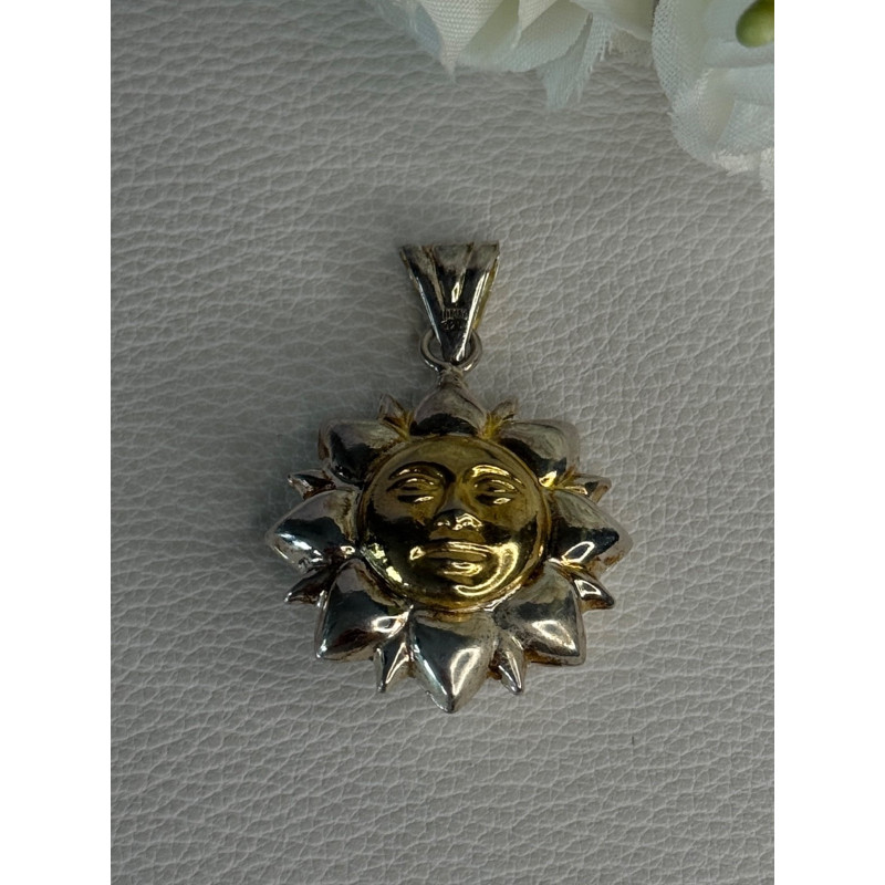 925 Sterling Silver Sun Gold Plated Face Italy Milor Pendant Length 1.60 Inch