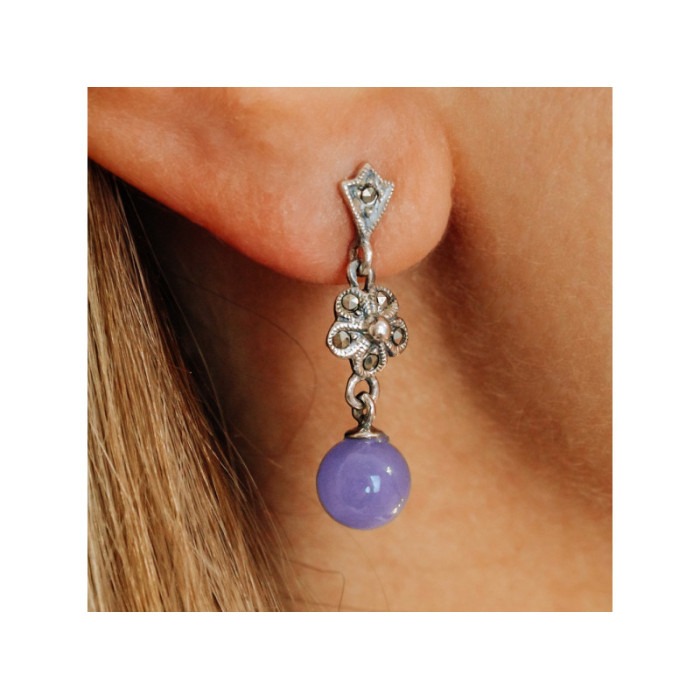 Vintage 925 Sterling Silver Purple Agate & Marcasites Earrings