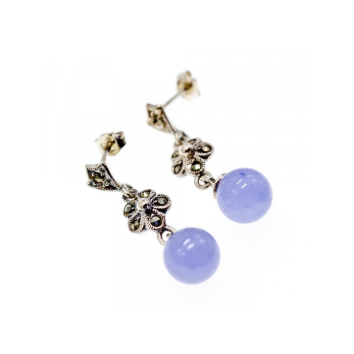 Vintage 925 Sterling Silver Purple Agate & Marcasites Earrings