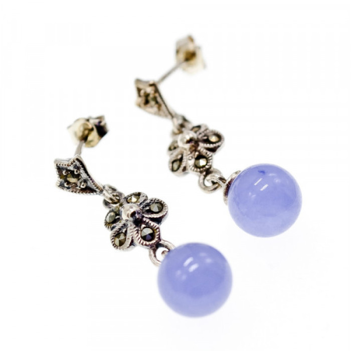 Vintage 925 Sterling Silver Purple Agate & Marcasites Earrings