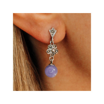 Vintage 925 Sterling Silver Purple Agate & Marcasites Earrings