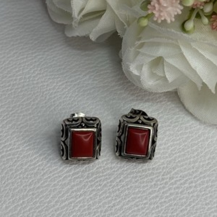Vintage 925 Sterling Silver Carnelian Earrings Length 0.52 Inch