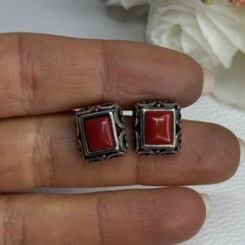 Vintage 925 Sterling Silver Carnelian Earrings Length 0.52 Inch