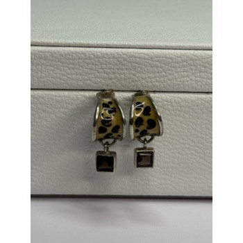 925 Sterling Silver Cowrie Shell & Brown Tourmaline Earrings Length 0.87 Inch