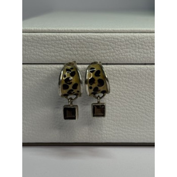 925 Sterling Silver Cowrie Shell & Brown Tourmaline Earrings Length 0.87 Inch