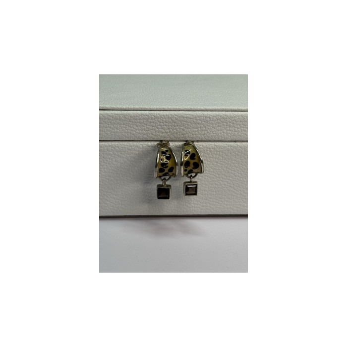 925 Sterling Silver Cowrie Shell & Brown Tourmaline Earrings Length 0.87 Inch