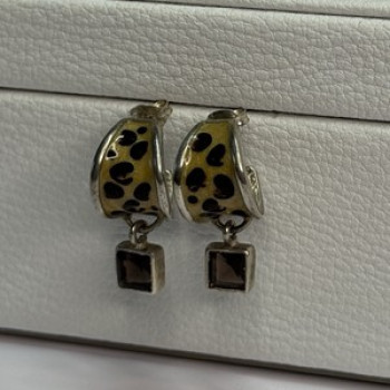 925 Sterling Silver Cowrie Shell & Brown Tourmaline Earrings Length 0.87 Inch
