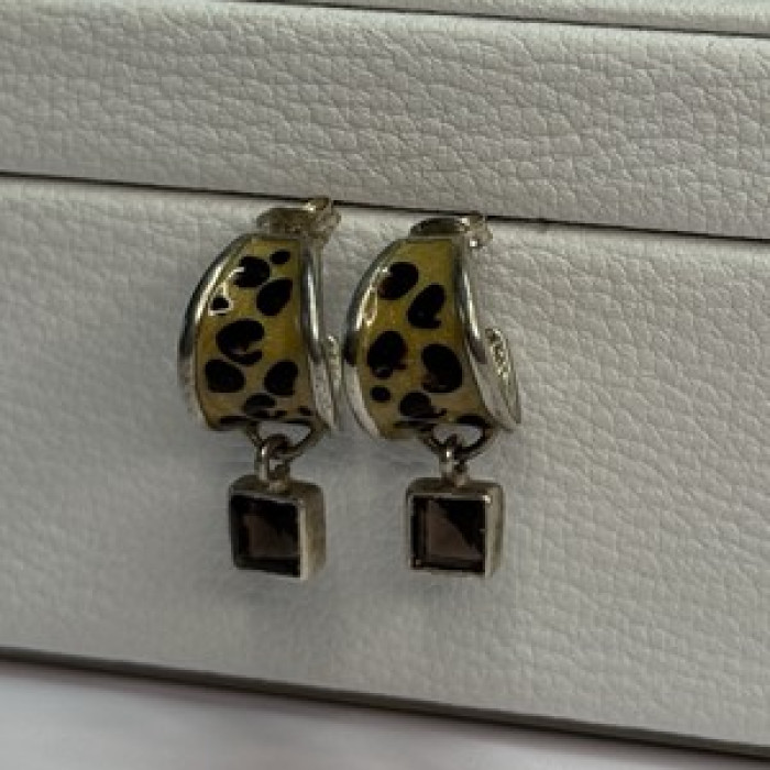925 Sterling Silver Cowrie Shell & Brown Tourmaline Earrings Length 0.87 Inch
