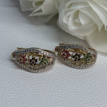 925 Sterling Silver Gold Plated Ruby Sapphire Emerald Earrings Length 0.95 Inch