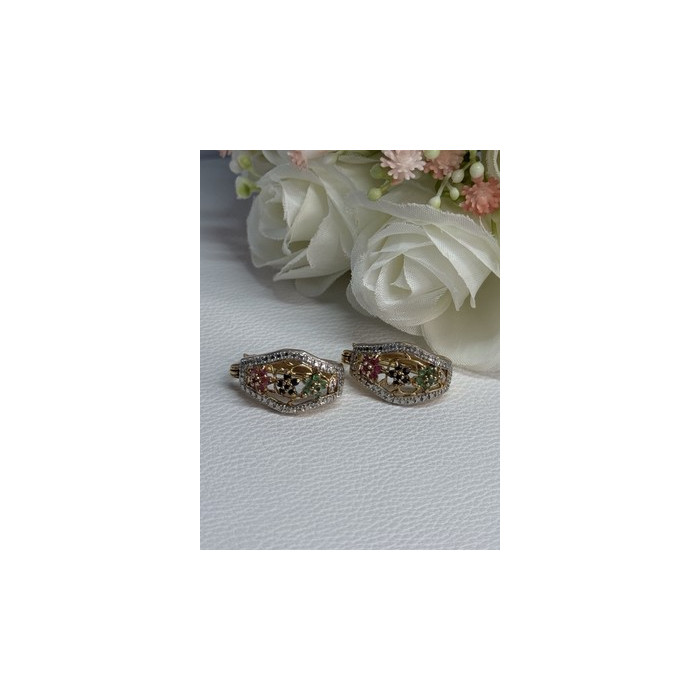 925 Sterling Silver Gold Plated Ruby Sapphire Emerald Earrings Length 0.95 Inch