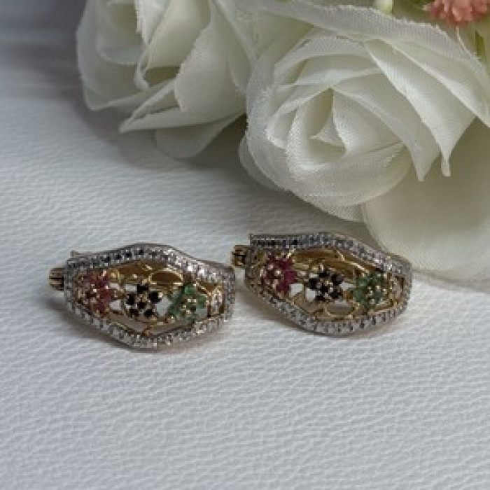 925 Sterling Silver Gold Plated Ruby Sapphire Emerald Earrings Length 0.95 Inch