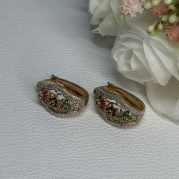 925 Sterling Silver Gold Plated Ruby Sapphire Emerald Earrings Length 0.95 Inch