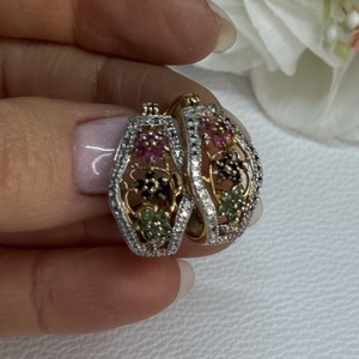 925 Sterling Silver Gold Plated Ruby Sapphire Emerald Earrings Length 0.95 Inch