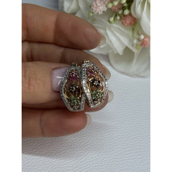 925 Sterling Silver Gold Plated Ruby Sapphire Emerald Earrings Length 0.95 Inch