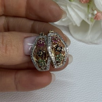 925 Sterling Silver Gold Plated Ruby Sapphire Emerald Earrings Length 0.95 Inch