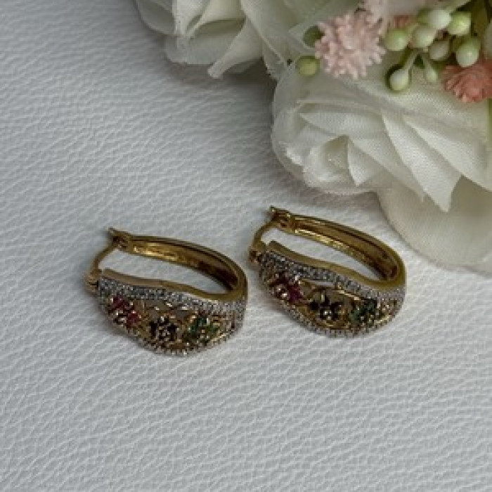 925 Sterling Silver Gold Plated Ruby Sapphire Emerald Earrings Length 0.95 Inch