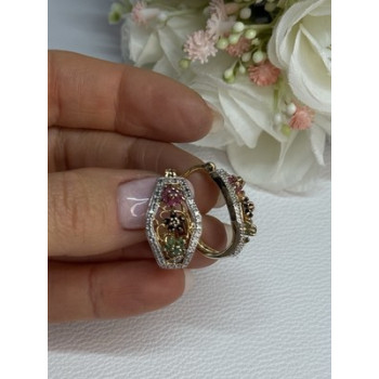 925 Sterling Silver Gold Plated Ruby Sapphire Emerald Earrings Length 0.95 Inch