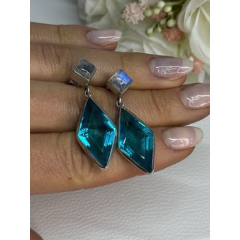 925 Sterling Silver Aquamarine & Moonstone Earrings Length 1.55 Inch