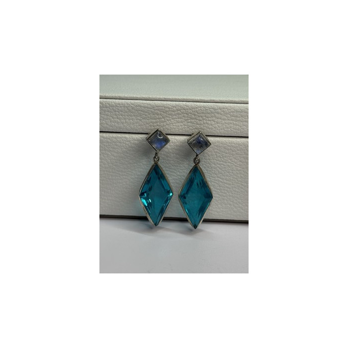 925 Sterling Silver Aquamarine & Moonstone Earrings Length 1.55 Inch