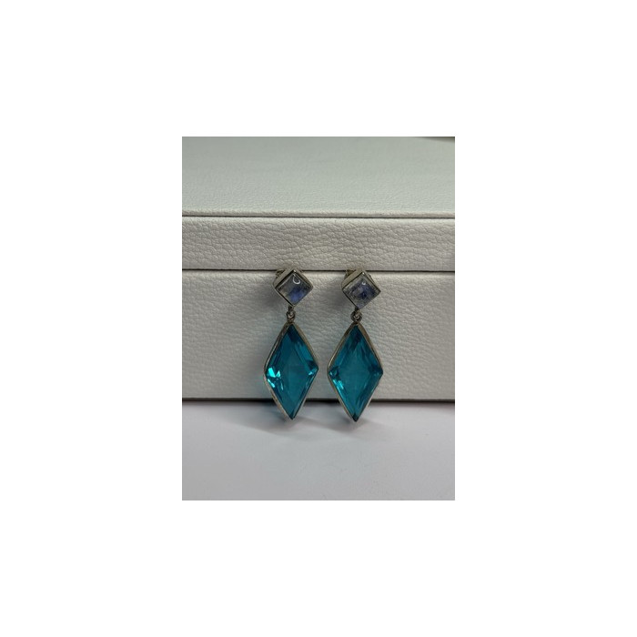 925 Sterling Silver Aquamarine & Moonstone Earrings Length 1.55 Inch