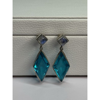 925 Sterling Silver Aquamarine & Moonstone Earrings Length 1.55 Inch