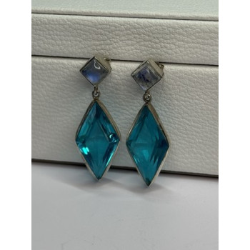 925 Sterling Silver Aquamarine & Moonstone Earrings Length 1.55 Inch