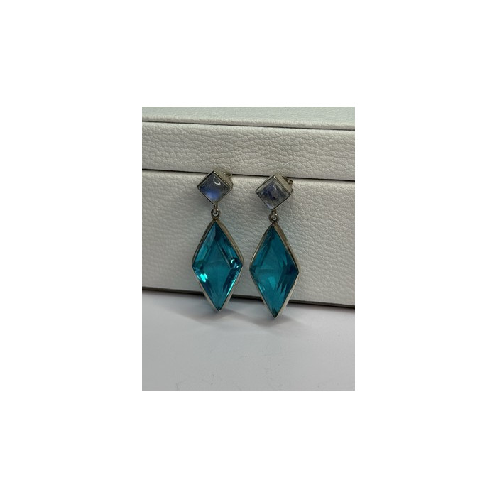 925 Sterling Silver Aquamarine & Moonstone Earrings Length 1.55 Inch