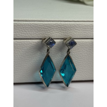925 Sterling Silver Aquamarine & Moonstone Earrings Length 1.55 Inch