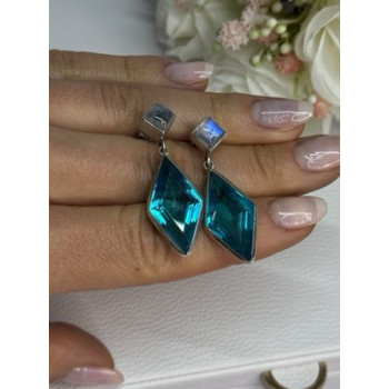 925 Sterling Silver Aquamarine & Moonstone Earrings Length 1.55 Inch