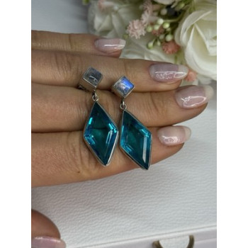 925 Sterling Silver Aquamarine & Moonstone Earrings Length 1.55 Inch