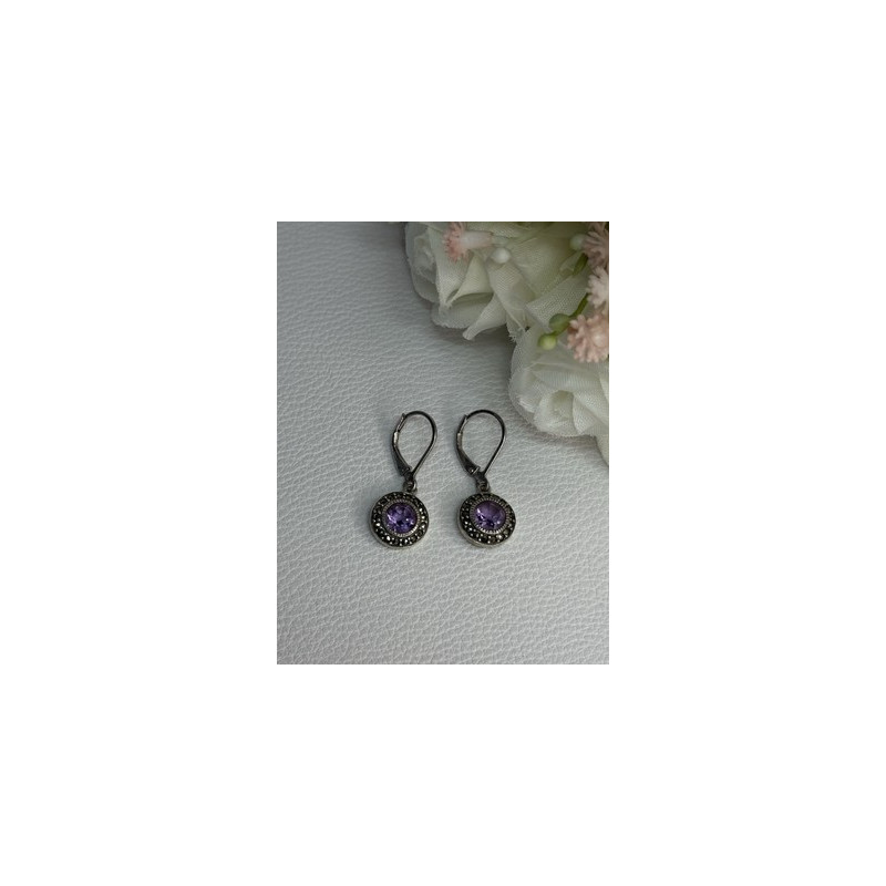 925 Sterling Silver Amethyst & Marcasite Earrings Length 1.12 Inch