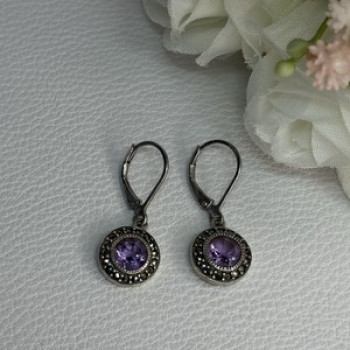 925 Sterling Silver Amethyst & Marcasite Earrings Length 1.12 Inch