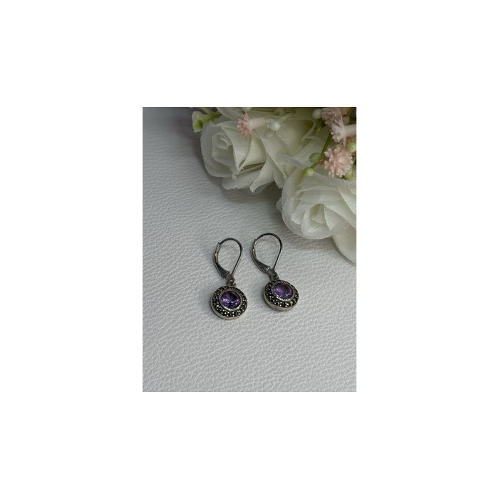 925 Sterling Silver Amethyst & Marcasite Earrings Length 1.12 Inch