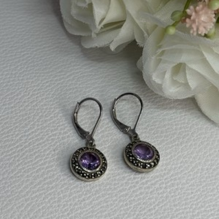 925 Sterling Silver Amethyst & Marcasite Earrings Length 1.12 Inch